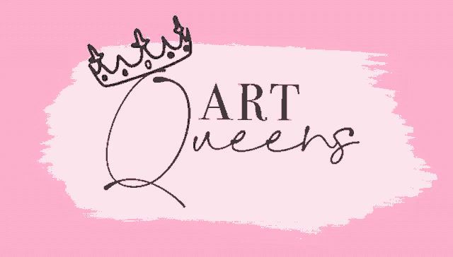 a pink background with the words art queens and a crown on top