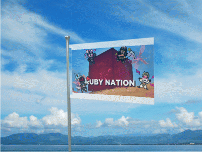 a ruby nation flag flies in the wind