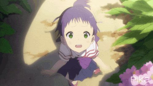 a little girl with purple hair and green eyes is looking up with pika written on the bottom right