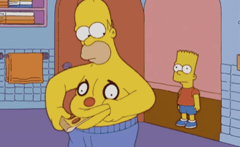 bart simpson is standing next to homer simpson who is holding a hot dog