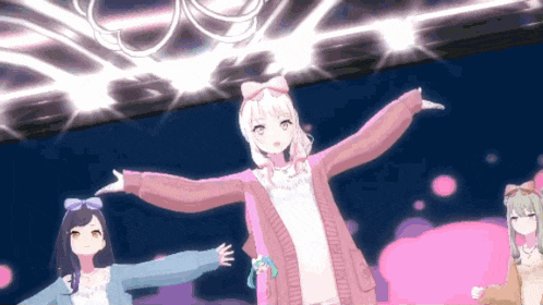 a group of anime girls are standing next to each other with their arms outstretched in a video game .