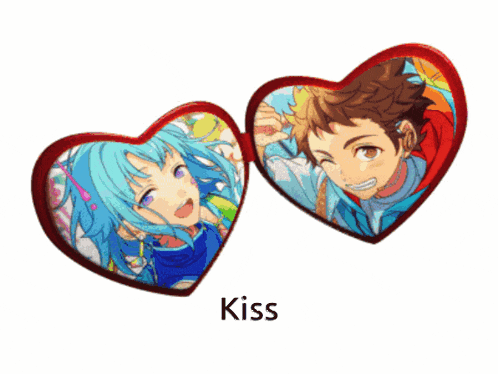 a couple of heart shaped frames with the word kiss on the bottom