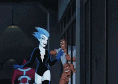 a cartoon of a woman with a lightning bolt on her head standing next to a man behind bars