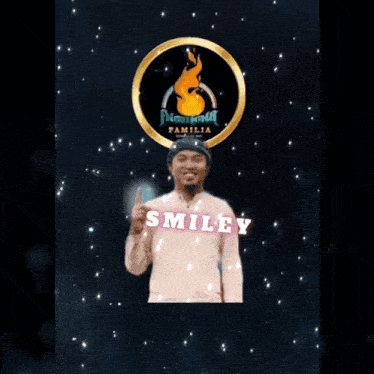 a man giving a thumbs up in front of a triangle that says smiley on it