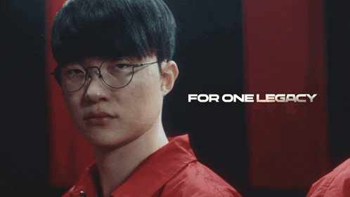 a man wearing glasses and a red shirt with the words for one legacy