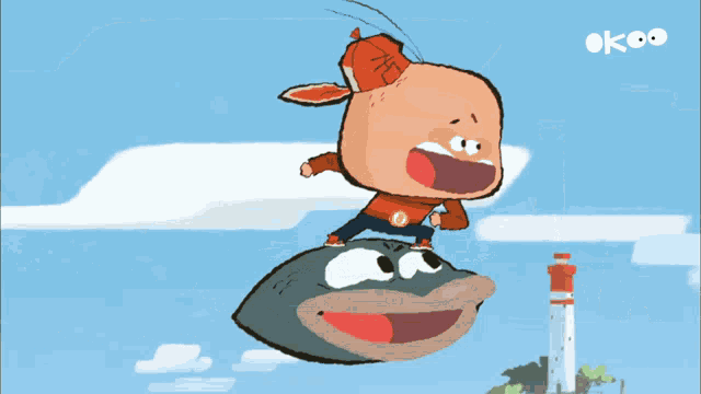 a cartoon character is riding a wave in the ocean with the word ok on the bottom right