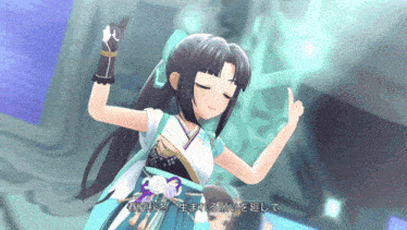 a girl in a blue and white kimono is dancing
