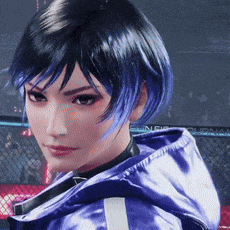 a woman with blue hair and a purple jacket