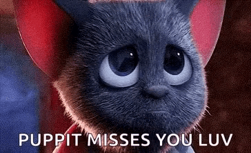 a cartoon cat is wearing a cowboy hat and a red bow tie and says puppet misses you luv .