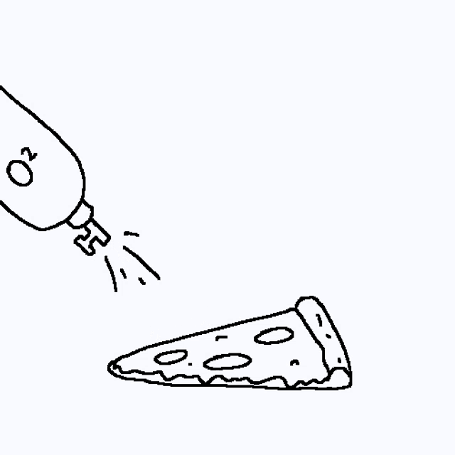 a black and white drawing of a bottle of o2 spraying a slice of pizza .
