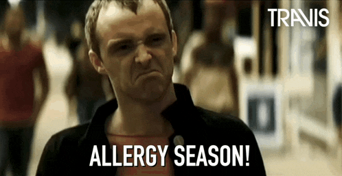a man making a funny face with the words allergy season written below him