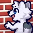 a cartoon of a white cat with blue eyes standing in front of a brick wall .