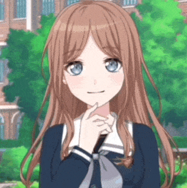 a girl with long brown hair and blue eyes is standing in front of a brick building