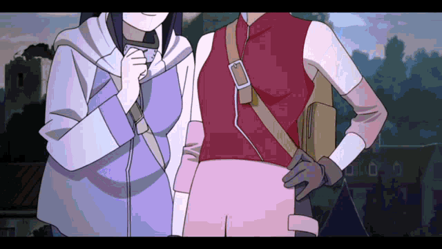 two anime characters are standing next to each other with one wearing a red top