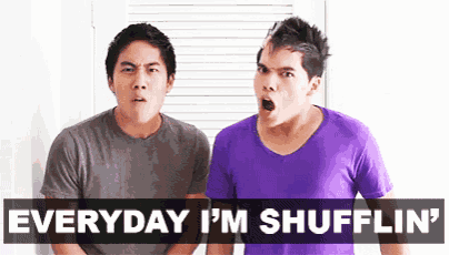two men standing next to each other with the words " everyday i 'm shufflin ' " above them