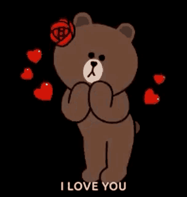 a brown teddy bear is surrounded by red hearts and a rose on his head .