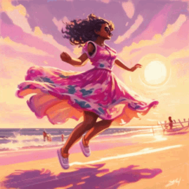 a woman in a pink dress is jumping in the air