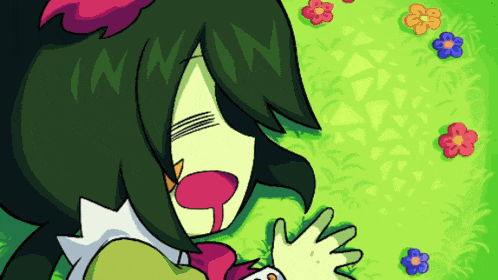 a cartoon drawing of a girl with green hair and flowers
