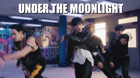 a group of men are dancing in a room with the words under the moonlight written above them