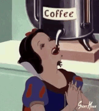 snow white is drinking coffee from a coffee maker in a cartoon .