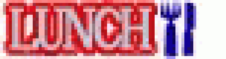 the word lunch is written in red and blue with a fork and knife .