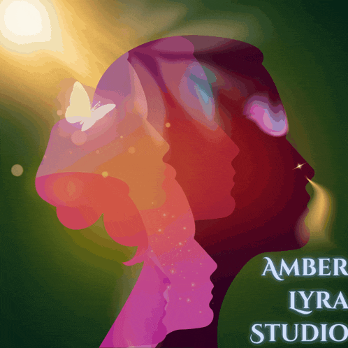 a poster for amber lyra studio shows a woman with a butterfly in her head