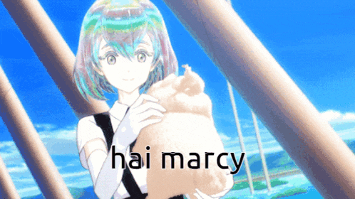 a picture of a girl holding a shell that says hai marcy