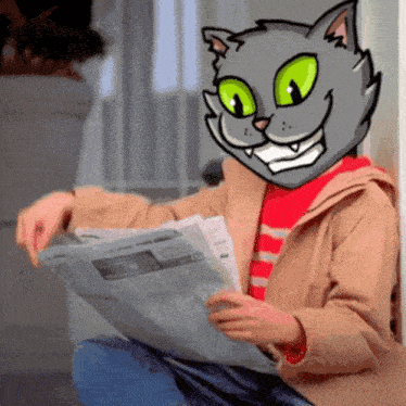a person with a cat 's head on reading a newspaper