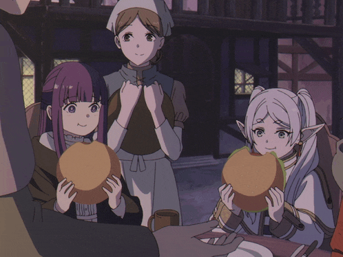 a group of anime characters are sitting around a table eating