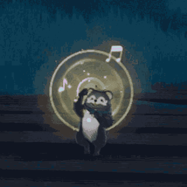 a teddy bear is dancing in a pink circle with a music note