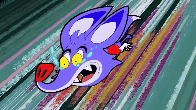 a cartoon drawing of a purple animal with yellow eyes and a red nose