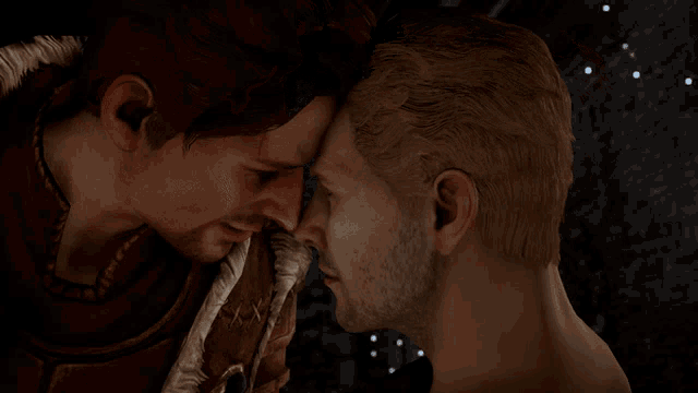 two men are touching their foreheads in a video game scene