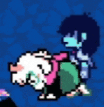 a pixel art of a person riding a sheep on a blue background .