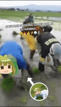 a group of people are working in a field with the caption bashame showing us her skills in farming ?