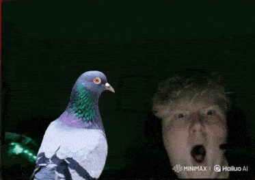 a pigeon with red eyes is standing in front of a man with headphones and a microphone