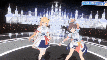 two anime girls are dancing in front of a castle with a banner that says 6th anniversary on it