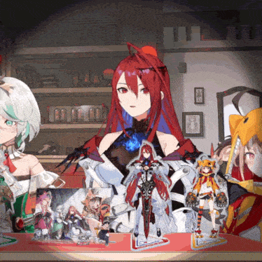a girl with red hair is standing in front of a table full of acrylic figures