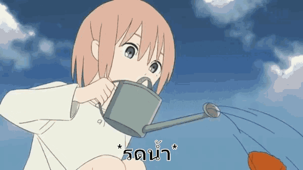 a girl is watering a plant with a watering can in a foreign language