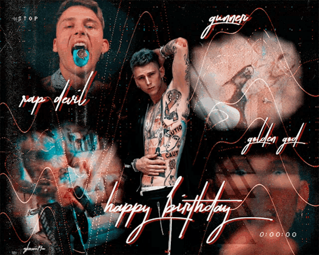 a poster that says happy birthday with a man with tattoos