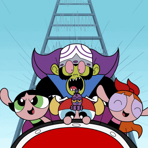 a group of cartoon characters are on a roller coaster ride