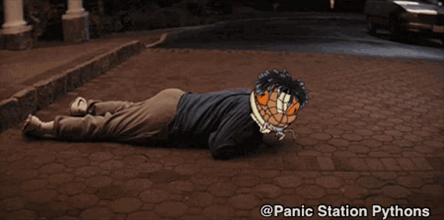 a man is laying on the ground in front of a white car with panic station pythons written on the bottom