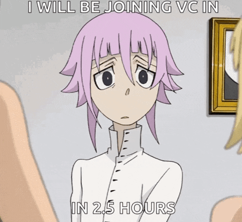 a cartoon of a girl with purple hair and the words i will be joining vc in in 2.5 hours
