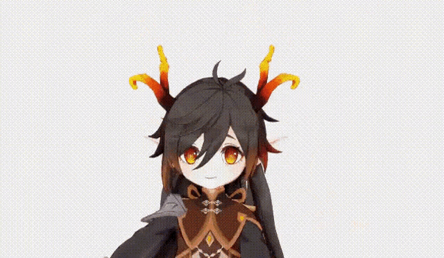 a cartoon character with long black hair and horns is holding a bag .
