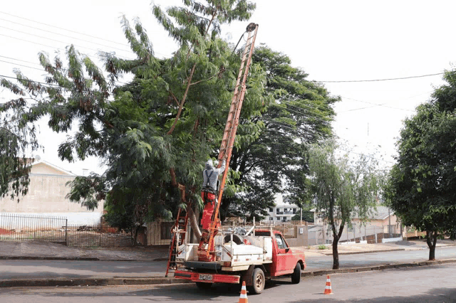 a red truck with a ladder attached to the back is parked on the street