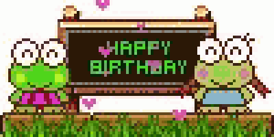 a pixel art of two frogs standing next to a sign that says `` happy birthday '' .