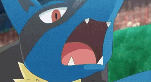 a pokemon is holding a sword in its mouth while standing on a field .