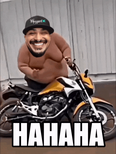 a cartoon of a man riding a motorcycle with the words " hahaha " on the bottom