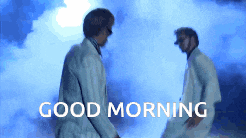 two men are dancing in front of a blue background with the words good morning