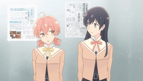 two anime girls standing next to each other with a newspaper on the wall behind them