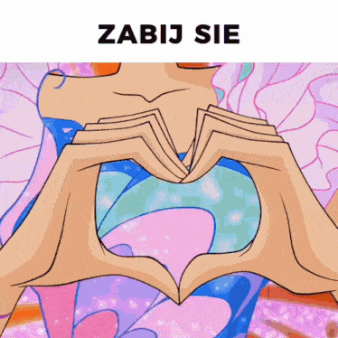 a cartoon character making a heart shape with her hands and the words zabij sie below it